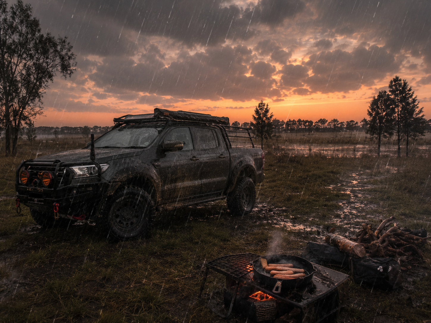 Rainy PROS field camp with a four-wheel drive and campfire